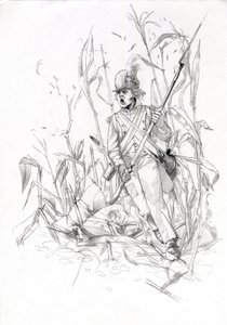 第一帝国（1804-1814和1815）：拿破仑军队的士兵，步兵与受伤的战友冲进玉米地。 亚历山德罗·洛纳蒂绘画 作者 亚历山德罗·洛纳蒂