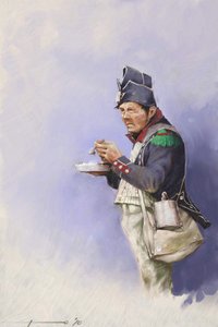 第一帝国：拿破仑一世（可能在俄罗斯）征战期间用餐的轻步兵 19 世纪早期。插图作者：亚历山德罗-洛纳蒂。2010 作者 亚历山德罗·洛纳蒂