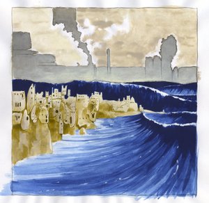 神话中的岛屿消失在亚特兰蒂斯海（Atlantis）之下的插图：火山喷发后汹涌的大海淹没了传说中的岛屿。 亚历山德罗·洛纳蒂 (Alessandro Lonati) 的彩色绘画。 作者 亚历山德罗·洛纳蒂