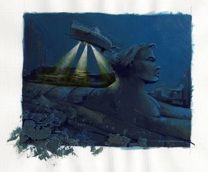 消失在亚特兰蒂斯海（Atlantis）下的神话岛屿图解：一艘潜艇（潜艇）探索海底，发现了传说中岛屿的废墟。 亚历山德罗·洛纳蒂 (Alessandro Lonati) 的彩色绘画。 作者 亚历山德罗·洛纳蒂