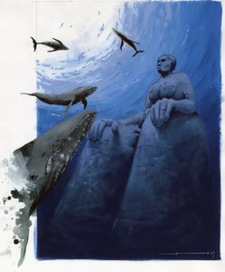 神话岛屿消失在亚特兰蒂斯海下的插图：鲸鱼在传说中的岛屿废墟周围的海域深处。 亚历山德罗·洛纳蒂 (Alessandro Lonati) 的彩色绘图。 作者 亚历山德罗·洛纳蒂