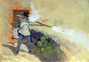 意大利战役：一名奥地利步兵在奥地利弗朗索瓦·约瑟夫（弗朗索瓦·约瑟夫）一世的奥匈帝国与拿破仑三世和维克托·伊曼纽尔二世（维克多·埃马努）的法国-撒丁联军之间的索尔费里诺战役中开火 作者 亚历山德罗·洛纳蒂