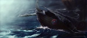 传说中的生物：攻击 Drakkar（维京船）的龙 亚历山德罗·洛纳蒂 (Alessandro Lonati) 绘图 作者 亚历山德罗·洛纳蒂