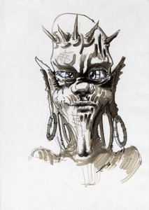 幻想插图的传奇怪物：部落生物或巨魔的脸。 亚历山德罗·洛纳蒂绘画 作者 亚历山德罗·洛纳蒂