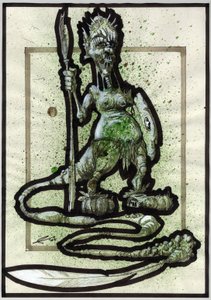 幻想插图的传奇怪物：部落生物或战士的脸，有矛、盾和羽毛尾巴。 亚历山德罗·洛纳蒂绘画 作者 亚历山德罗·洛纳蒂