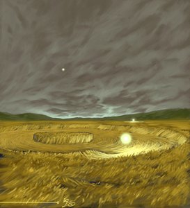神秘现象：展示传说中麦田里形成的麦田怪圈（农图、麦田怪圈或麦田圈），根据某些理论，麦田怪圈是外星人（UFO 或不明飞行物）的杰作。亚历山德罗-L 绘制 作者 亚历山德罗·洛纳蒂