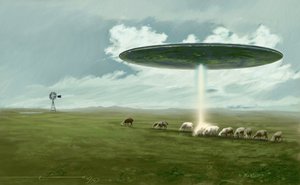 神秘现象：飞碟（外星人或不明飞行物或 UFO）带走一只羊（绑架）。亚利桑德罗-洛纳蒂的绘画作品