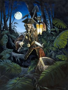 加勒比海盗提着灯笼，在夜色中将宝藏藏在小岛的森林里。亚历山德罗-洛纳蒂绘制的彩色图画。 作者 亚历山德罗·洛纳蒂