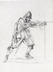 17 世纪一名海军士兵的肖像，他将自己置于射击位置。 亚历山德罗·洛纳蒂绘制。 作者 亚历山德罗·洛纳蒂