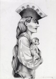 来自加勒比海（私掠者）的海盗妇女的侧面肖像，怀里抱着小猴子。 亚历山德罗·洛纳蒂绘制。 作者 亚历山德罗·洛纳蒂