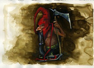 英国民间传说中的红帽（Red cap、powrie 或 dunter、Red-Bonnet）传说中的妖精家族恶毒生物 -（边境民间传说中发现的红帽、恶毒凶残的矮人、妖精、精灵或仙女）插图由 Alessandro Lo 绘制 作者 亚历山德罗·洛纳蒂