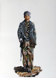 第二次世界大战：意大利抵抗运动（游击队或游击队、游击队）（Resistenza Italiana）成员，身着迷彩服，手持机枪武器。1943-1945.亚历山德罗-洛纳蒂插图 作者 亚历山德罗·洛纳蒂