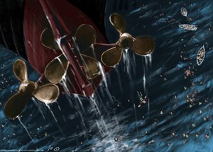 1912 年 4 月 14 日和 15 日，跨大西洋邮轮泰坦尼克号沉没时的螺旋桨视图。插图：Alesandro Lonati。2010 作者 亚历山德罗·洛纳蒂