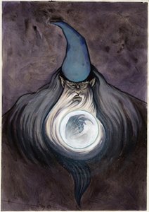 巫师巫师用球召唤龙。 亚历山德罗·洛纳蒂 (Alessandro Lonati) 的彩色绘画。 作者 亚历山德罗·洛纳蒂