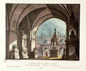 卡普莱特家族 (Capuleti) 的墓 1829 年在卡尔卡诺剧院演出的尼科罗·安东尼奥·辛加雷利 (Niccolo Antonio Zingarelli) 创作的歌剧《朱丽叶与罗密欧》(Juliet and Romeo) (1796) 的舞台布景，改编自威廉·莎士比亚的作品《罗密欧与朱丽叶》。 光刻胶