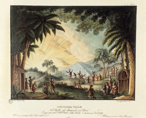 意大利编舞家乔瓦尼·加尔泽拉尼（Giovanni Galzerani，1780-1865 年）（1828 年）为芭蕾舞剧“Gli spagnoli nel 秘鲁”设计的西班牙征服新世界时的美丽山谷景观。 “” Raccolta di invenzioni 中的平版印刷术 作者 亚历山德罗·桑基里科（Alessandro Sanquirico）