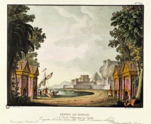 罗马营地的景色 意大利编舞家乔瓦尼-加尔泽拉尼（1780-1865）为芭蕾舞剧《奥塔维亚诺在埃吉托》创作的场景图（1828年）。在 "Raccolta di invenzioni sceniche del 1830 di Alessandro Sanquirico (1777-1849) "中的石版画。米兰人的私营企业 作者 Alessandro Sanquirico