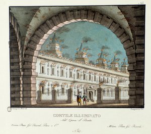 大型照明庭院景观，用于展示 Vincenzo Bellini 的歌剧 Il pirata（海盗）（1827 年）。 “《亚历山德罗·桑奎里科（Alessandro Sanquirico，1777-1849）1830 年风景发明集》”中的平版印刷术。 米兰私人 c 作者 亚历山德罗·桑基里科（Alessandro Sanquirico）