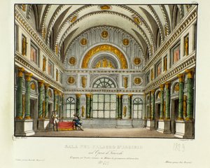 锡拉库扎国王的宫殿景观 Argirio 1829年为吉奥奇诺-罗西尼（或吉奥奇诺）（1813年）在米兰演出的歌剧 "Tancredi"（或Tancrede）绘制场景，该剧是根据伏尔泰的作品 "Tancrede "制作的。在 "Raccolta di invenzion "中的石版画 作者 Alessandro Sanquirico