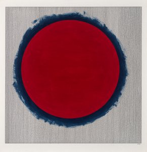蓝底红圈，2022 年（卡片上的珐琅和钢笔） 作者 亚历克斯·邓恩