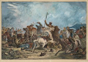 吉尔吉斯人 (Kirghiz) 和哥萨克人 - 吉尔吉斯人和哥萨克人之间的战斗 - 奥尔洛夫斯基 (Orlovsky), Alexander Osipovich (1777-1832) - 1826 - 石版画，水彩画 - 54x77 - 私人收藏