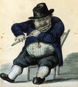 建筑师 Giacomo Quarenghi（1744-1817 年）的肖像漫画。(建筑师 G. 夸伦斯基的肖像漫画）。他是圣彼得堡的首席建筑师，戴着望远镜，坐着，吹着笛子，佩戴着荣誉奖章。