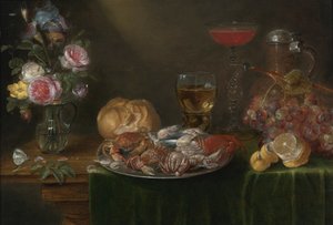 静物画，包括花瓶、装有螃蟹和虾的锡盘、酒杯、水壶、葡萄和柠檬