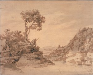 池畔人物风景（水彩、棕褐色和水洗）