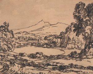 与湖和遥远的山脉景观 作者 亚历山大·科曾斯