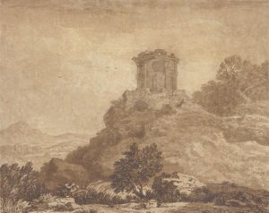 风景如画的庙宇，建于1756年（石墨和纸上水洗） 作者 亚历山大·科曾斯