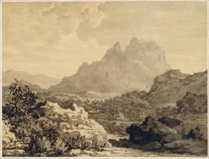 山地景观，1780年（用棕色地面准备的纸上的灰色和棕色水洗）