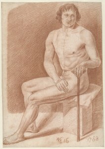男性裸体坐着，手持拐杖