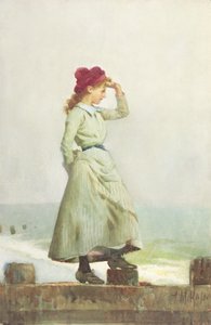 海堤上的年轻女孩（纸上水彩）