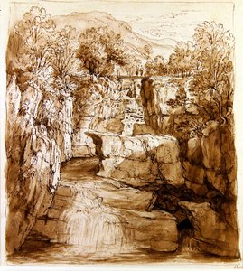 布拉克林瀑布，佩思郡，约1810年（纸上水墨笔和棕色墨水）。 作者 亚历山大·纳斯米斯