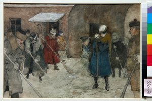 Des gens balayent la neige dans une rue en hiver - Oeuvre de Alexander Ivanovich Vakhrameyev (1874-1926), vers 1921 - 除雪 - 纸上水彩，白色，黑色粉笔，作者Alexander Ivanovich Vakhrameyev (1874-1926), 约1921年 - 21.4x29.5 cm - St 作者 亚历山大·瓦赫拉梅耶夫