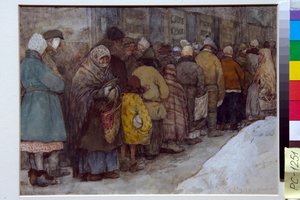 1920-1921 年饥荒期间俄罗斯的队列 - 亚历山大·伊万诺维奇·瓦赫拉梅耶夫（Alexander Ivanovich Vakhrameyev，1874-1926）的作品，约 1921 年 - 队列 - 亚历山大·伊万诺维奇·瓦赫拉梅耶夫（Alexander Ivanovich Vakhrameyev，1874-1926）在纸上水彩、白色、黑色粉笔，约 1921 年 - 22x29.5 厘米 - 作者 亚历山大·瓦赫拉梅耶夫