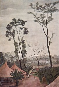 Loubangui的一个村庄 -  Chari，来自非洲设计和绘画，在雪铁龙中心非洲探险期间执行，第二个Haardt Audouin-Dubreuil任务，酒吧。巴黎，1927年（彩色光刻 作者 亚历山大·雅科夫列夫