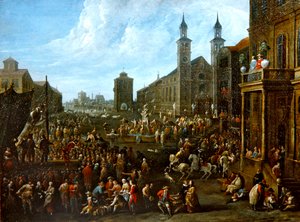 有街头艺人和其他人物的市场场景（布面油画） 作者 Alexander van Bredael