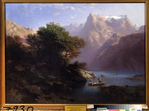 "Paysage de montagne avec lac en Suisse"（高山湖泊），亚历山大-卡拉梅（1810-1864 年）绘画，1860 年，俄罗斯坦波夫地区艺术画廊 作者 亚历山大卡拉梅