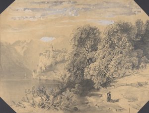 山区湖边带狗的女人，19世纪初至中期。 作者 亚历山大卡拉梅
