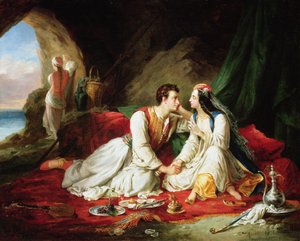 拜伦饰演唐·胡安（Don Juan），与海德（Haidee），1831年 作者 亚历山大·科林