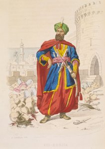 1816-1818 年阿尔及尔统治者阿里-霍贾（Ali Khoja），头戴绿色头巾，手持利剑，光彩照人，周围是 1816 年轰炸后被击败的敌人被砍下的头颅，19 世纪中叶（彩色雕刻）。
