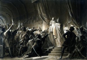 玛丽亚-特蕾莎皇后（1717-80）向匈牙利的马格纳特人介绍未来的约瑟夫二世（纸上石墨、棕褐色水墨和水粉画）。 作者 亚历山大·埃瓦里斯特·弗拉戈纳尔