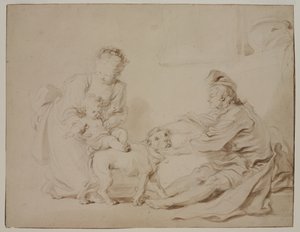 第一次骑马课（Lapremièreleçondéquitation），c.1778（古董纸上的石墨和棕色水洗） 作者 亚历山大·埃瓦里斯特·弗拉戈纳尔