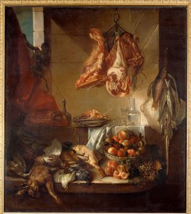 厨房内部的野味、水果和肉类的静物画。弗朗索瓦-德斯波尔（1661-1743）的画作 18世纪 马恩河畔的沙隆，艺术博物馆