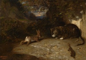 猫，鼬鼠和兔子，1836年 作者 亚历山大·加布里埃尔·戴尚