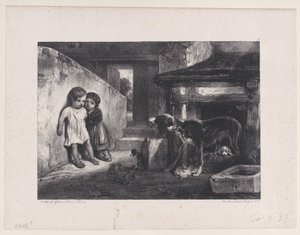 被咆哮的狗吓坏的孩子，出自《狩猎场景》系列，1829年。 作者 亚历山大·加布里埃尔·戴尚