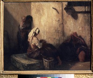 "Scene de rue en Italie（意大利街景） 黑暗小巷中三个女人的影子，其中一些是母亲，可能是市场商人。中间是一位妇女，可能在给一个孩子脱毛。亚历山大-加布里埃尔-德尚的画作 作者 亚历山大·加布里埃尔·戴尚
