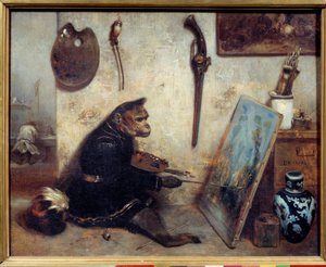 亚历山大·加布里埃尔·德坎普斯 (1803-1860) 的猴子画家画作，1833 年 0,32x0,4 米。 - 猴子画家。 亚历山大·加布里埃尔·德坎普斯 (1803-1860) 的绘画
