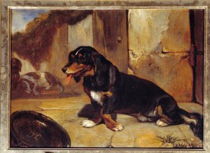 一条巴吉特猎犬 "休息时打猎的狗" 亚历山大-加布里埃尔-德尚（1803-1860）的画作 1834年 昏暗 0,48x0,35米 巴黎，卢浮宫博物馆